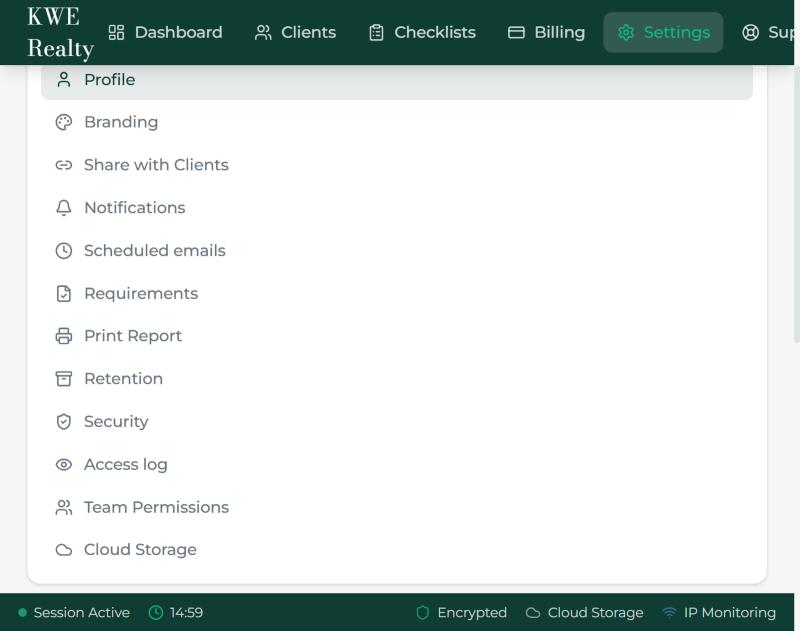 Settings: the menu of sections, with Profile first.
