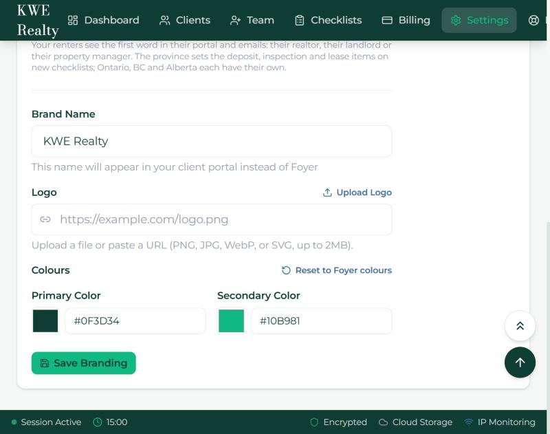 Settings, Branding: the brand name, the logo and the two colours.