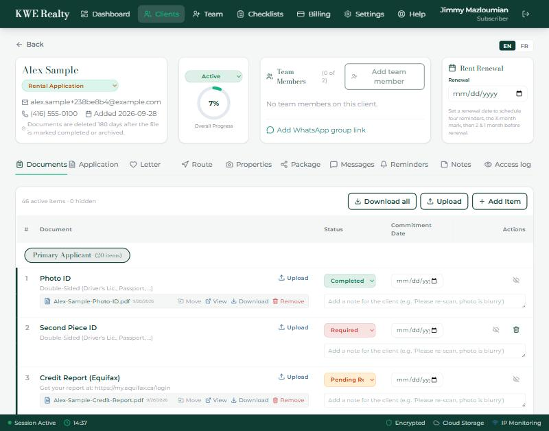A client page: the four header cards and the row of tabs.