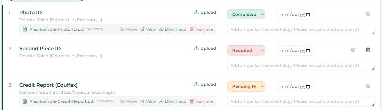 Three rows, Completed, Required and Pending Review, each with its status dropdown, commitment date and note box.