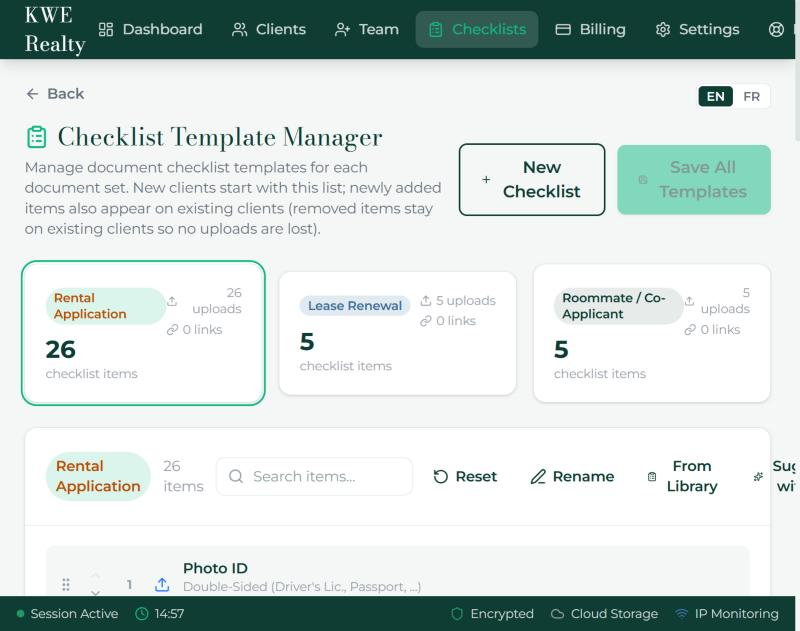 The Checklists page with the Rental Application template open.