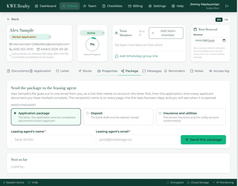 The Share Package tab: the five packages with their counts, the name and email fields, Send and Send later on one line.