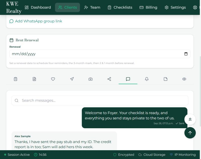 The Messages tab with a conversation, the urgent toggle and a template.