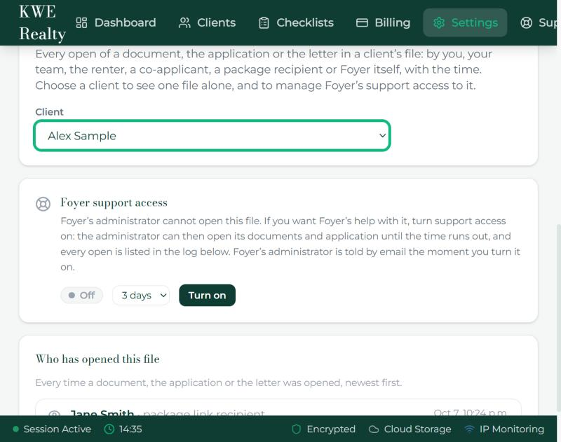 Settings, Access log: the client picker, the Foyer support access card, and the list.