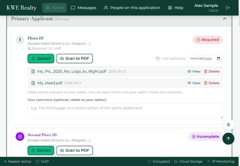 The renter’s Documents tab: the Upload and Scan to PDF buttons, a row with two files waiting for review, and a row sent back as Incomplete.