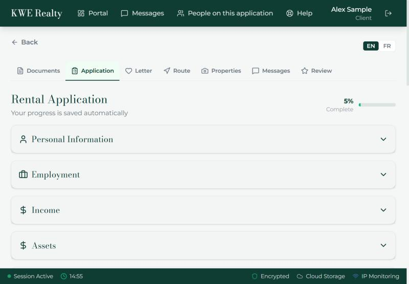 The application form: its sections, the progress bar, and the note that it saves automatically.