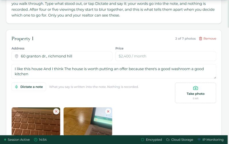 A property card: address, price, the note, Dictate a note, Take photo and the first photos.