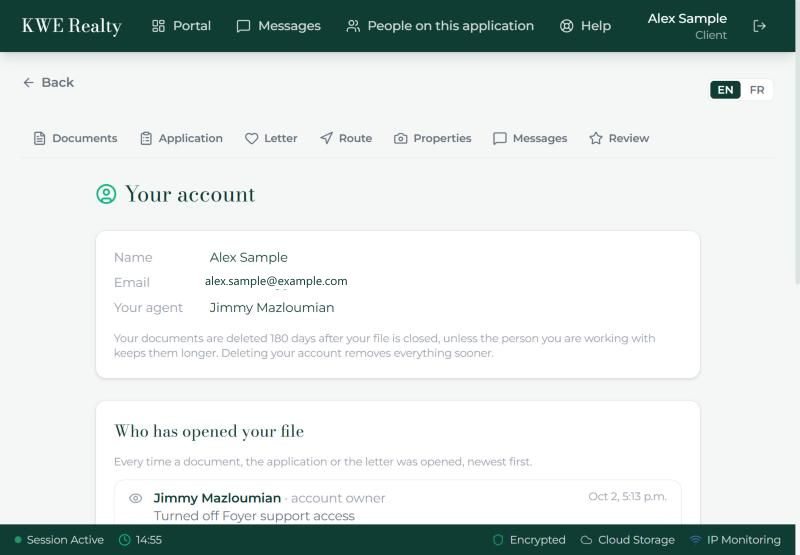 The renter’s Account page: name, email, their agent, and the start of who has opened the file.
